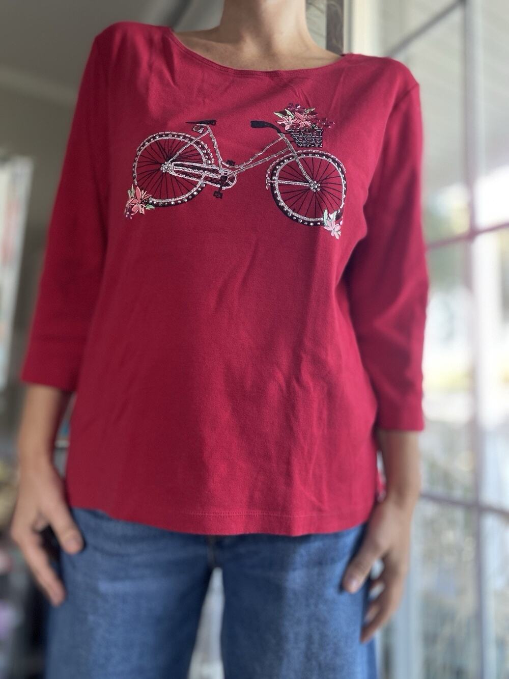 Karen Scott Women’s Red Holiday Christmas Sweatshirt with Silver Bicycle XL
